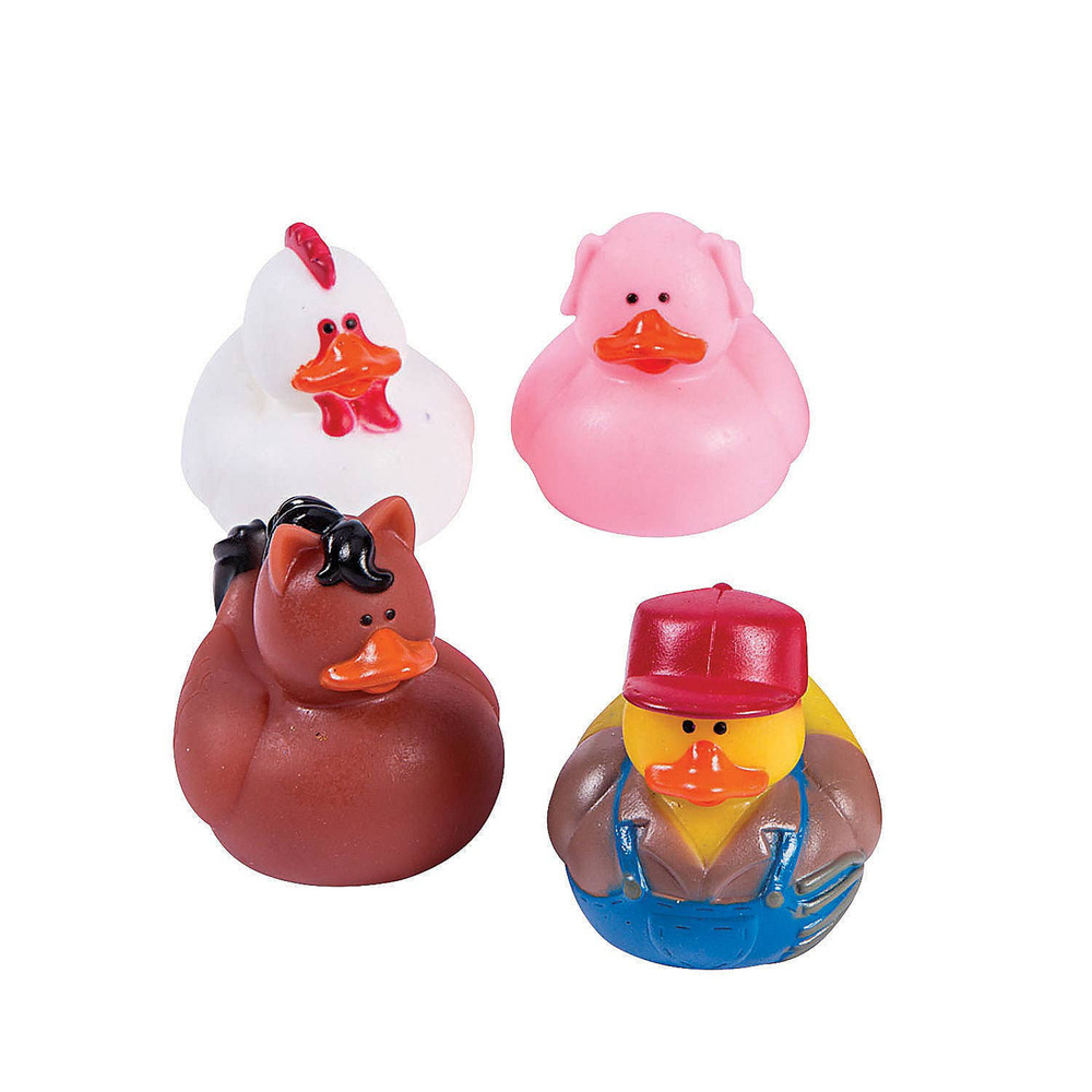 Set of 4 New Barnyard Farm Rubber Duckies Duck 2” Jeep Horse Chicken Pig Farmer